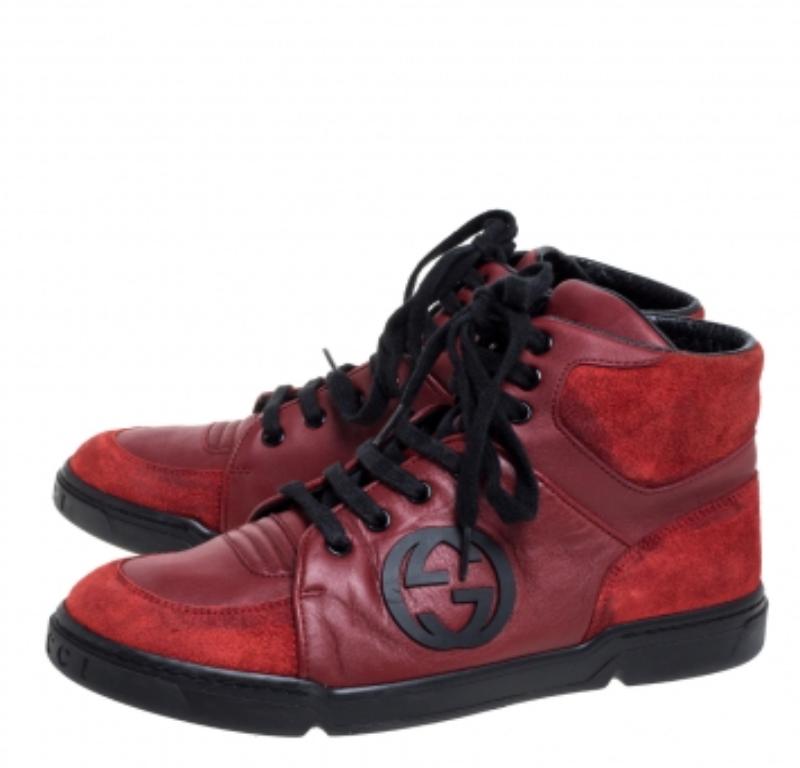 Brown Gucci Red Leather And Suede High-Top Sneakers Size 40 For Sale