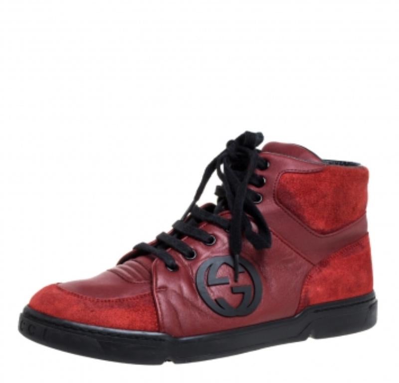Gucci Red Leather And Suede High-Top Sneakers Size 40 In Good Condition For Sale In Dubai, Al Qouz 2