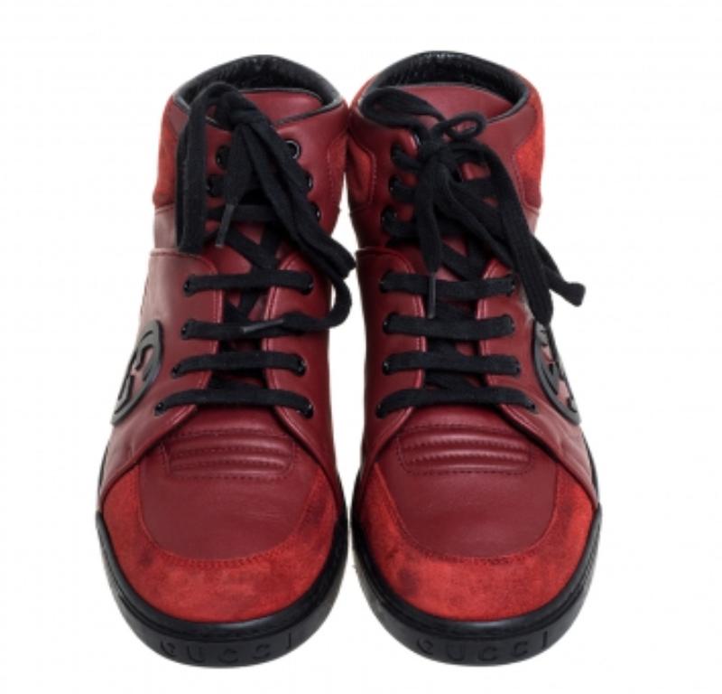 Men's Gucci Red Leather And Suede High-Top Sneakers Size 40 For Sale