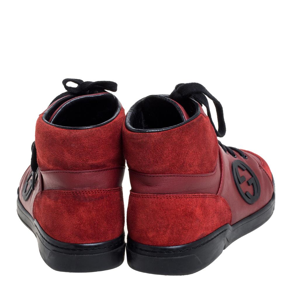 Gucci Red Leather And Suede High-Top Sneakers Size 40 In Good Condition For Sale In Dubai, Al Qouz 2