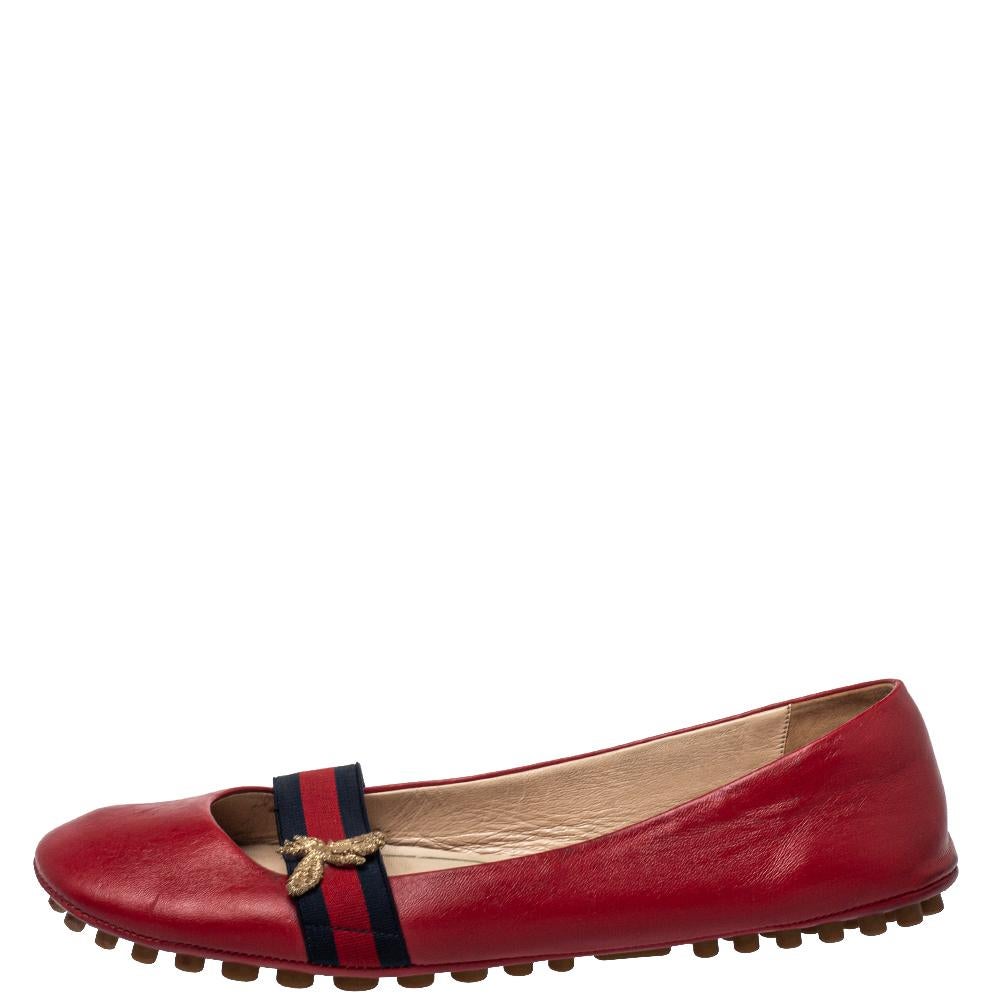 Gucci Rot Leder und Web Bayadere Biene Ballett Flats Größe 38::5 Damen