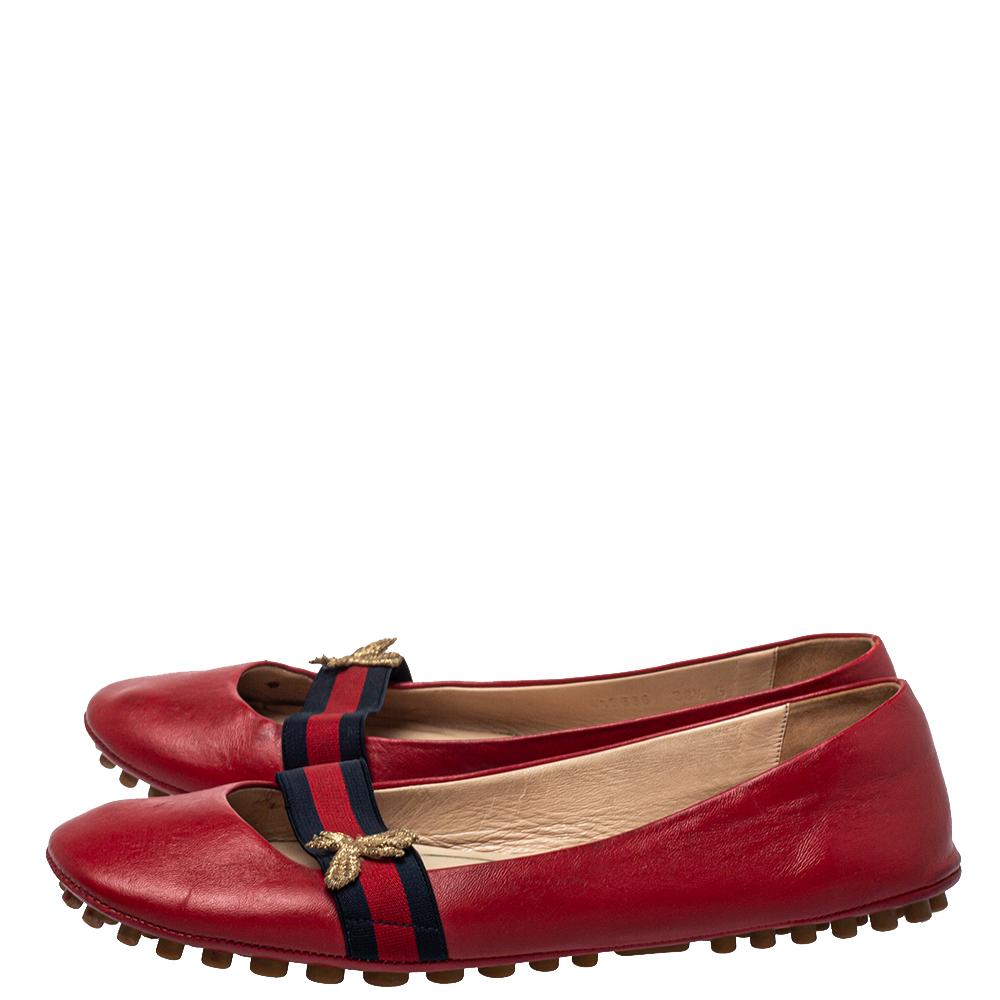 Gucci Red Leather And Web Bayadere Bee Ballet Flats Size 38.5 In Fair Condition In Dubai, Al Qouz 2