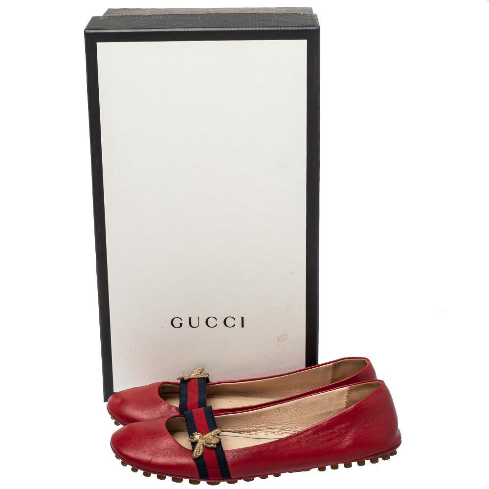 Women's Gucci Red Leather And Web Bayadere Bee Ballet Flats Size 38.5
