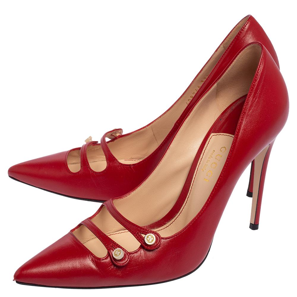 Women's Gucci Red Leather Aneta Pointed Toe Pumps Size 37.5