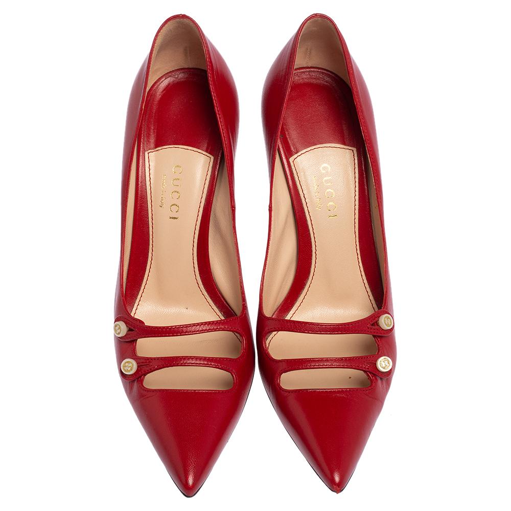 Gucci Red Leather Aneta Pointed Toe Pumps Size 37.5 2