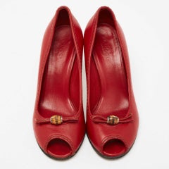 Gucci Red Leather Bamboo Bow Peep-Toe Pumps Size 37