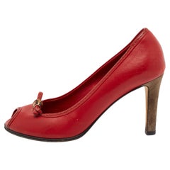 Gucci Red Leather Bamboo Bow Peep-Toe Pumps Size 37