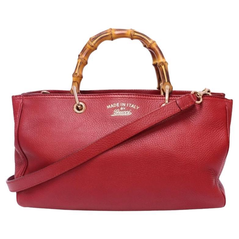 Gucci Red Leather Bamboo Handle Bag en vente