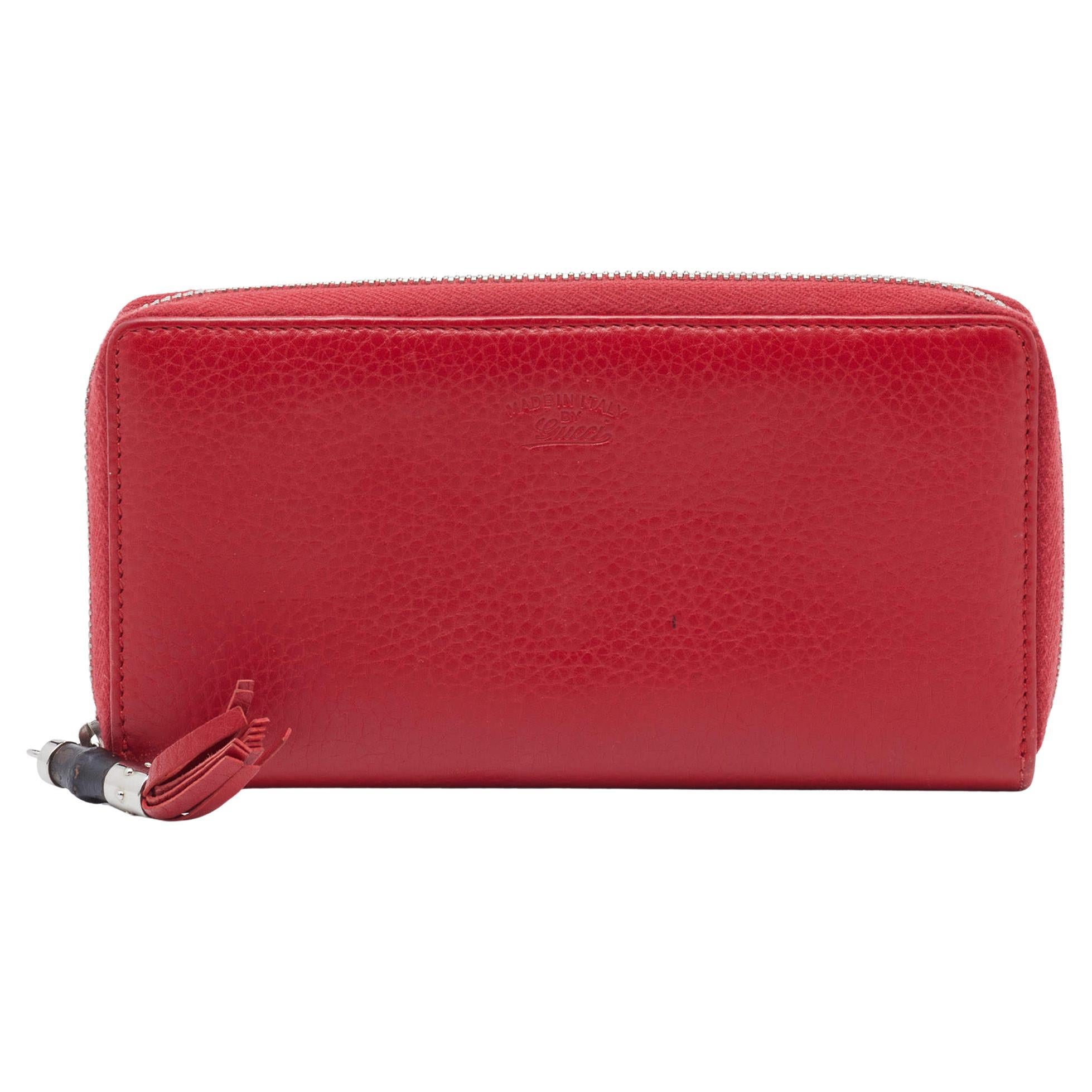Gucci Red Leather Bamboo Tassel Zip Around Wallet For Sale
