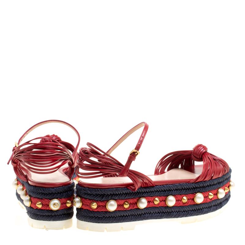 Brown Gucci Red Leather Barbette Knot Faux Pearl and Spikes Trim Ankle Strap Espadrill