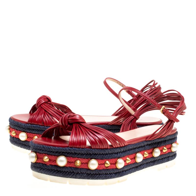 Women's Gucci Red Leather Barbette Knot Faux Pearl and Spikes Trim Ankle Strap Espadrill
