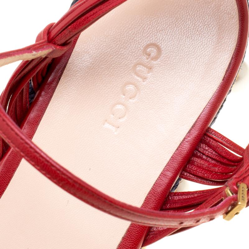 Gucci Red Leather Barbette Knot Faux Pearl and Spikes Trim Ankle Strap Espadrill 1