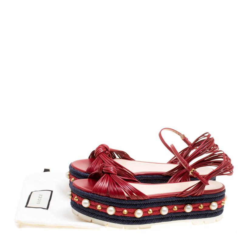 Gucci Red Leather Barbette Knot Faux Pearl and Spikes Trim Ankle Strap Espadrill 2