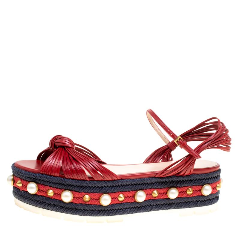 Gucci Red Leather Barbette Knot Faux Pearl and Spikes Trim Ankle Strap Espadrill 3