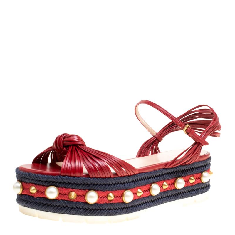 Gucci Red Leather Barbette Knot Faux Pearl and Spikes Trim Ankle Strap Espadrill