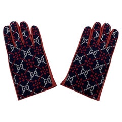 Gucci Rot Leder Blau Diamond Logo Print Männer Handschuhe Größe 8 S