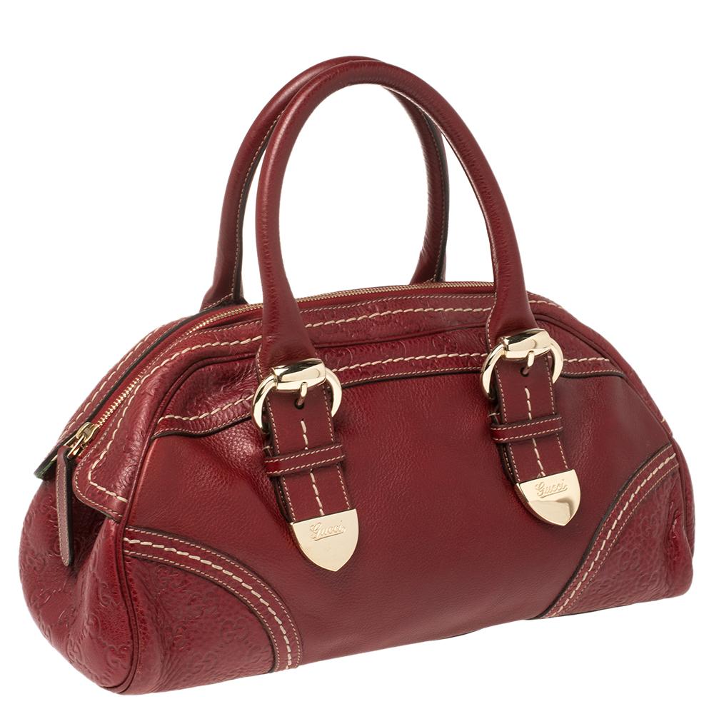 Gucci Red Leather Bowler Bag In Fair Condition In Dubai, Al Qouz 2
