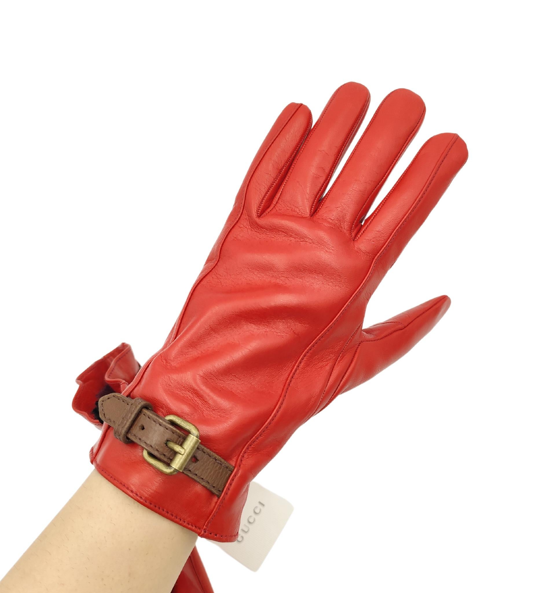 Orange Gucci red leather buckles gloves For Sale