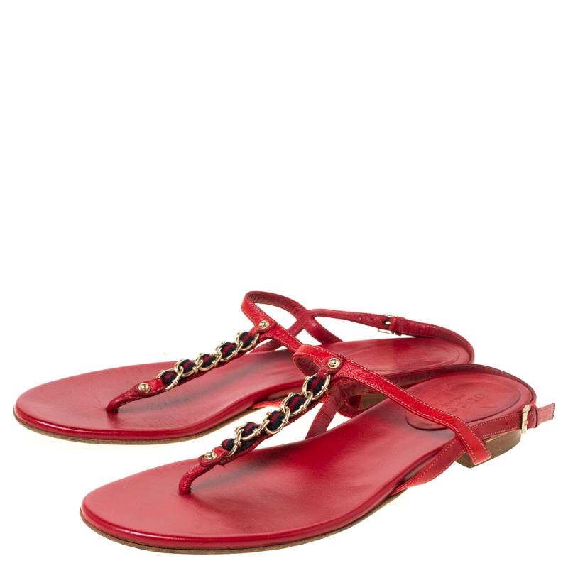 Women's Gucci Red Leather Chain Strap Thong Sandals Size 36