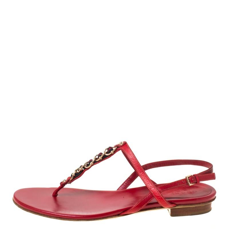 Gucci Red Leather Chain Strap Thong Sandals Size 36 2