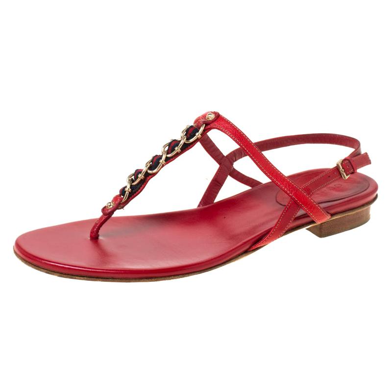 Gucci Red Leather Chain Strap Thong Sandals Size 36