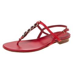 Used Gucci Red Leather Chain Strap Thong Sandals Size 36