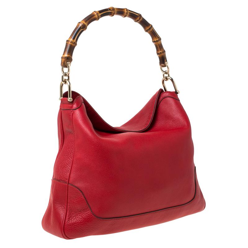 Women's Gucci Red Leather Diana Bamboo Handle Shoulder Bag