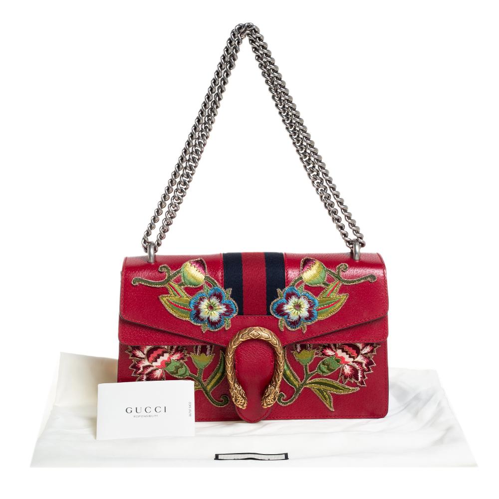 Gucci Red Leather Floral Embroidered Small Dionysus Shoulder Bag 6