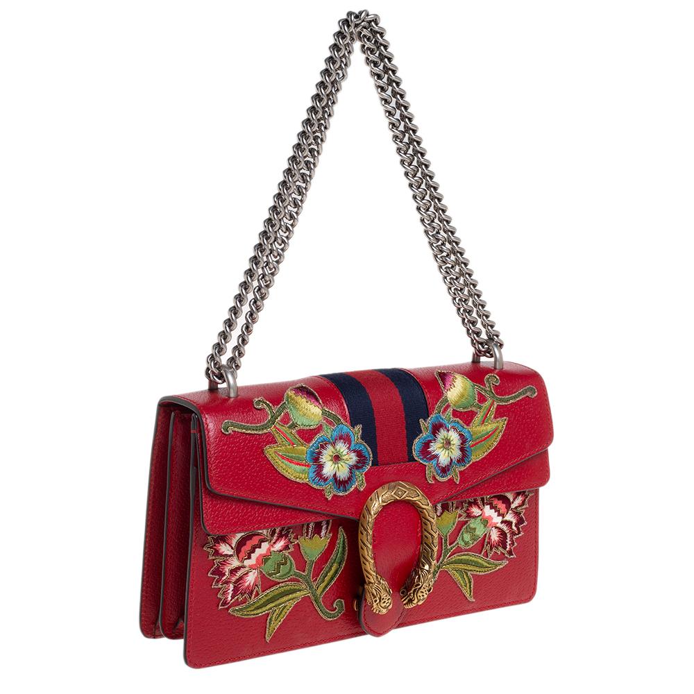 Brown Gucci Red Leather Floral Embroidered Small Dionysus Shoulder Bag