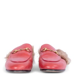 GUCCI red leather FUR TRIM PRINCETOWN Slippers Flats Shoes 38