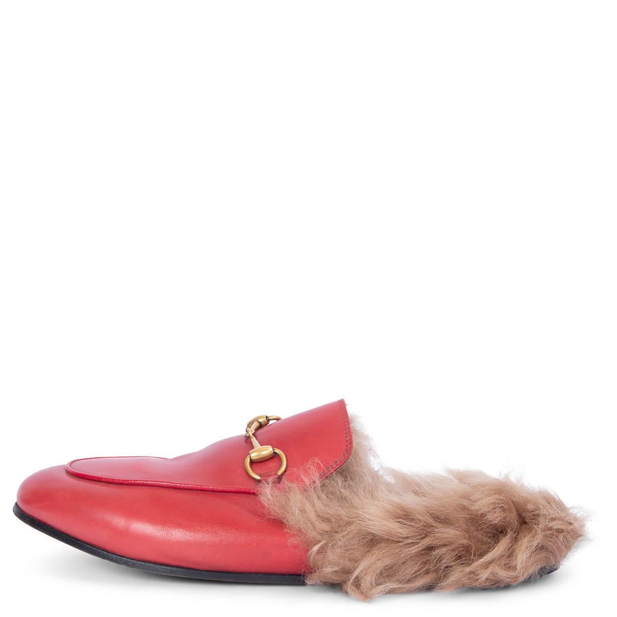 Women's GUCCI red leather FUR TRIM PRINCETOWN Slippers Flats Shoes 38