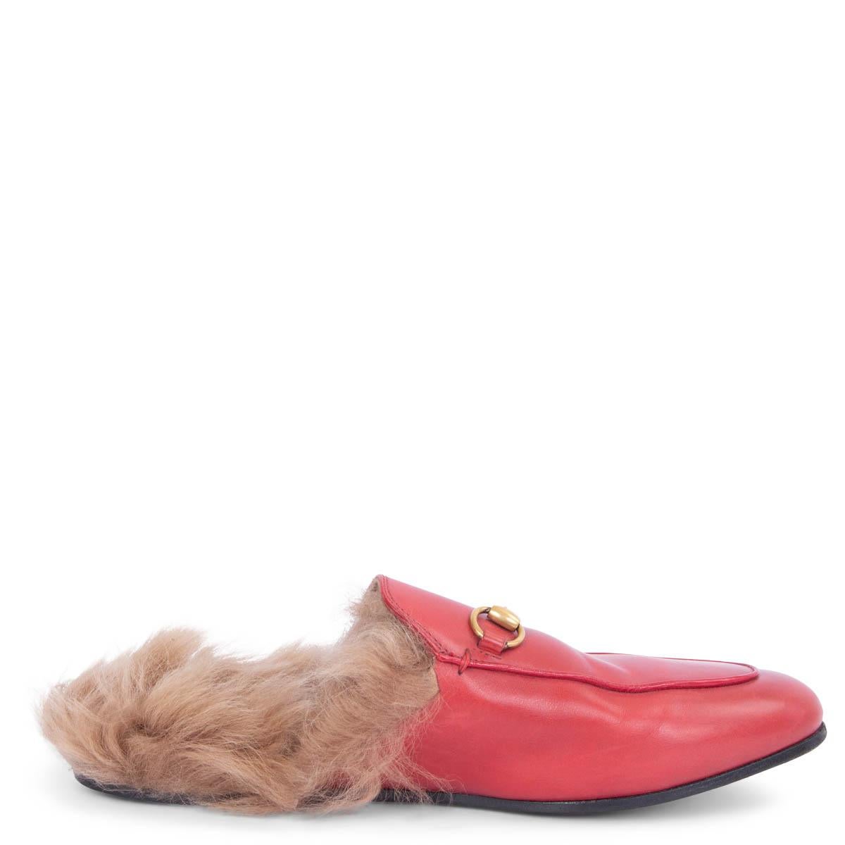 GUCCI red leather FUR TRIM PRINCETOWN Slippers Flats Shoes 38 1