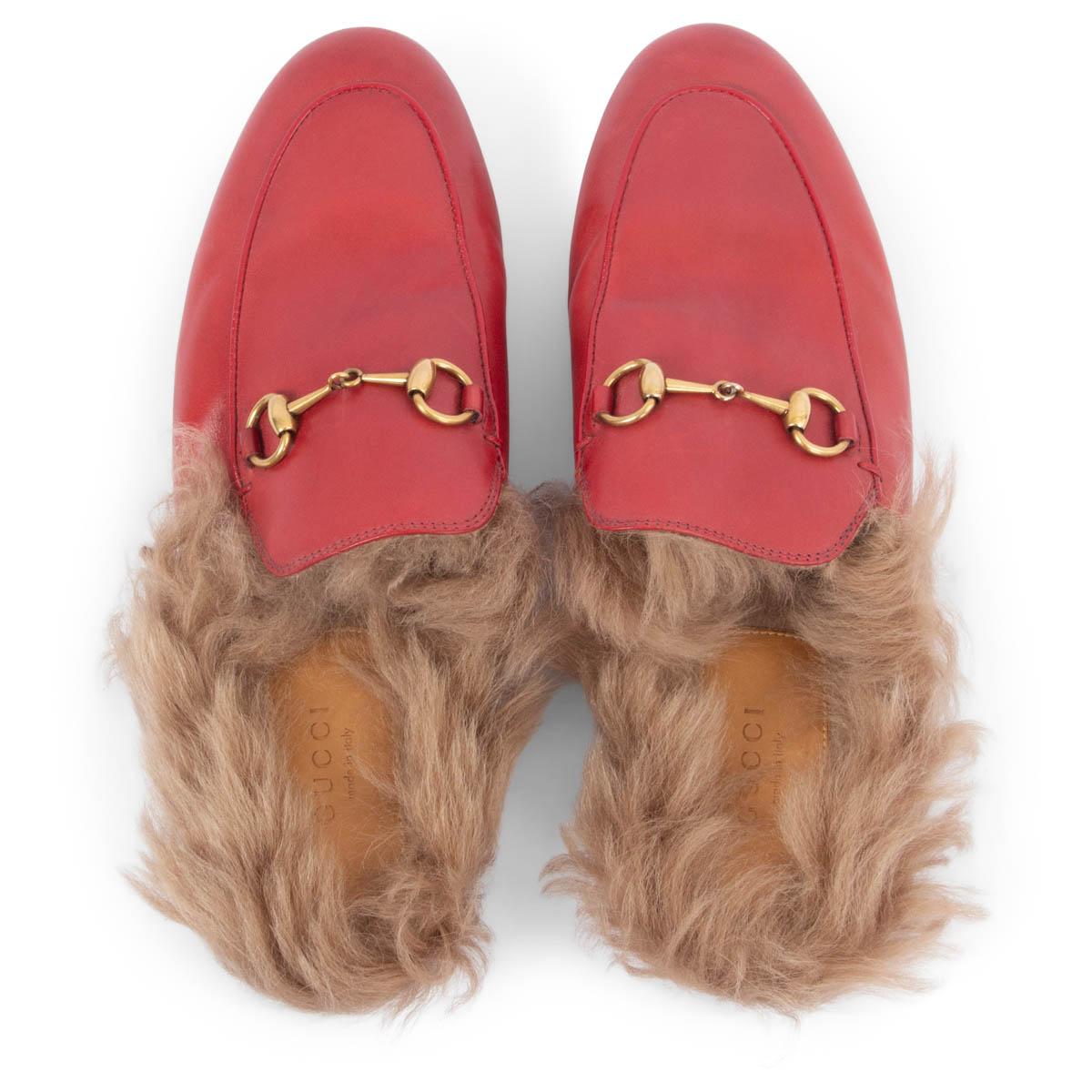 GUCCI red leather FUR TRIM PRINCETOWN Slippers Flats Shoes 38 3