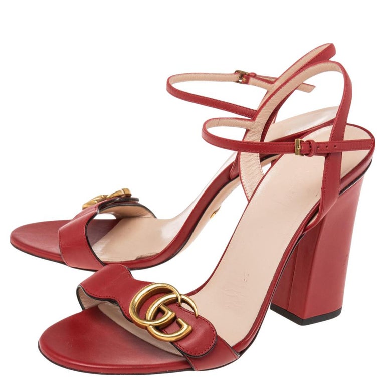 Gucci Red Leather GG Marmont Ankle Strap Block Heel Sandals Size 38.5 at 1stDibs