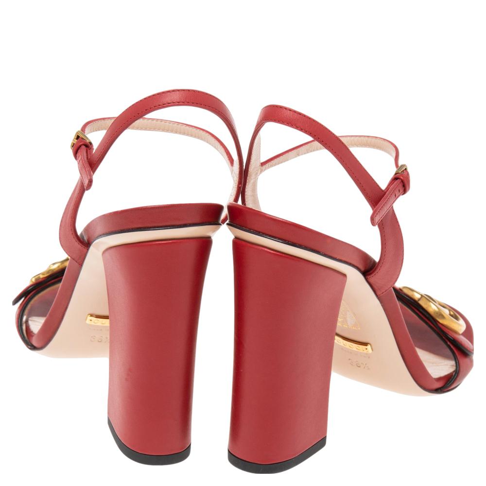 Women's Gucci Red Leather GG Marmont Ankle Strap Block Heel Sandals Size 38.5