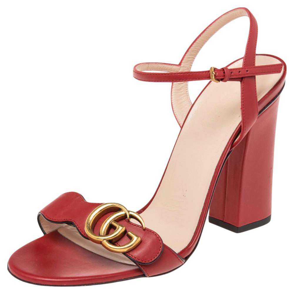 Gucci Red Leather GG Marmont Ankle Strap Block Heel Sandals Size 38.5 1