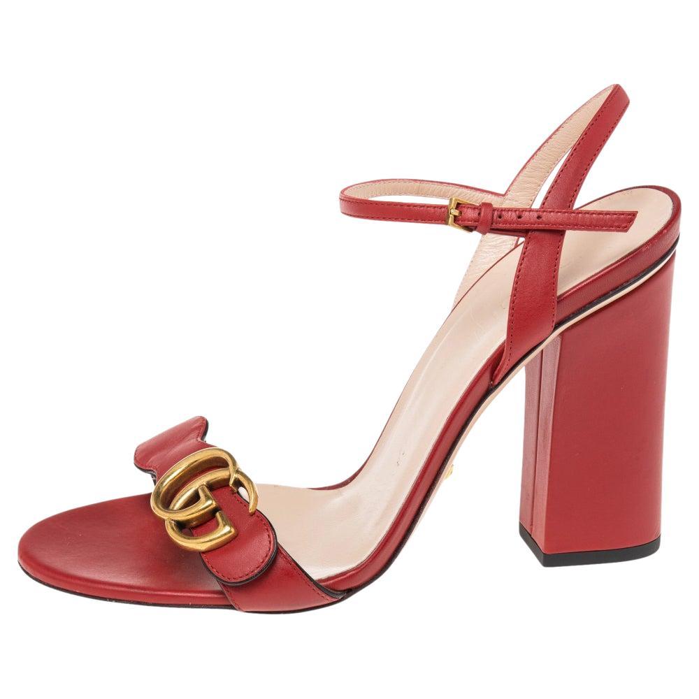 Gucci Red Leather GG Marmont Ankle Strap Block Heel Sandals Size 38.5