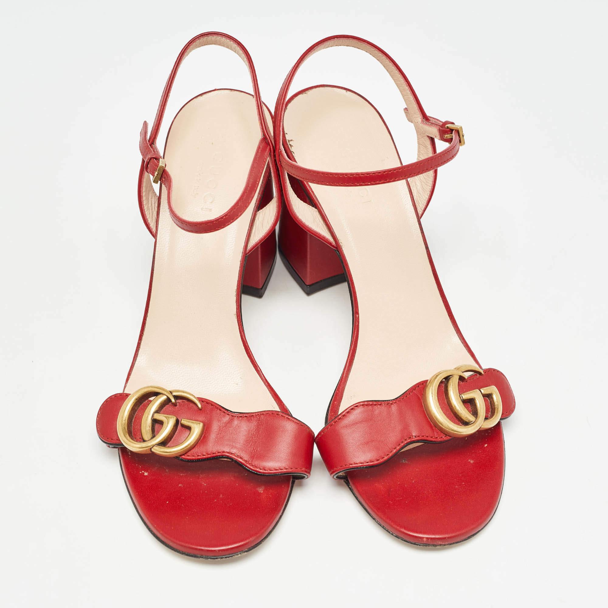 Gucci Red Leather GG Marmont Ankle Strap Sandals Size 37 In Good Condition In Dubai, Al Qouz 2