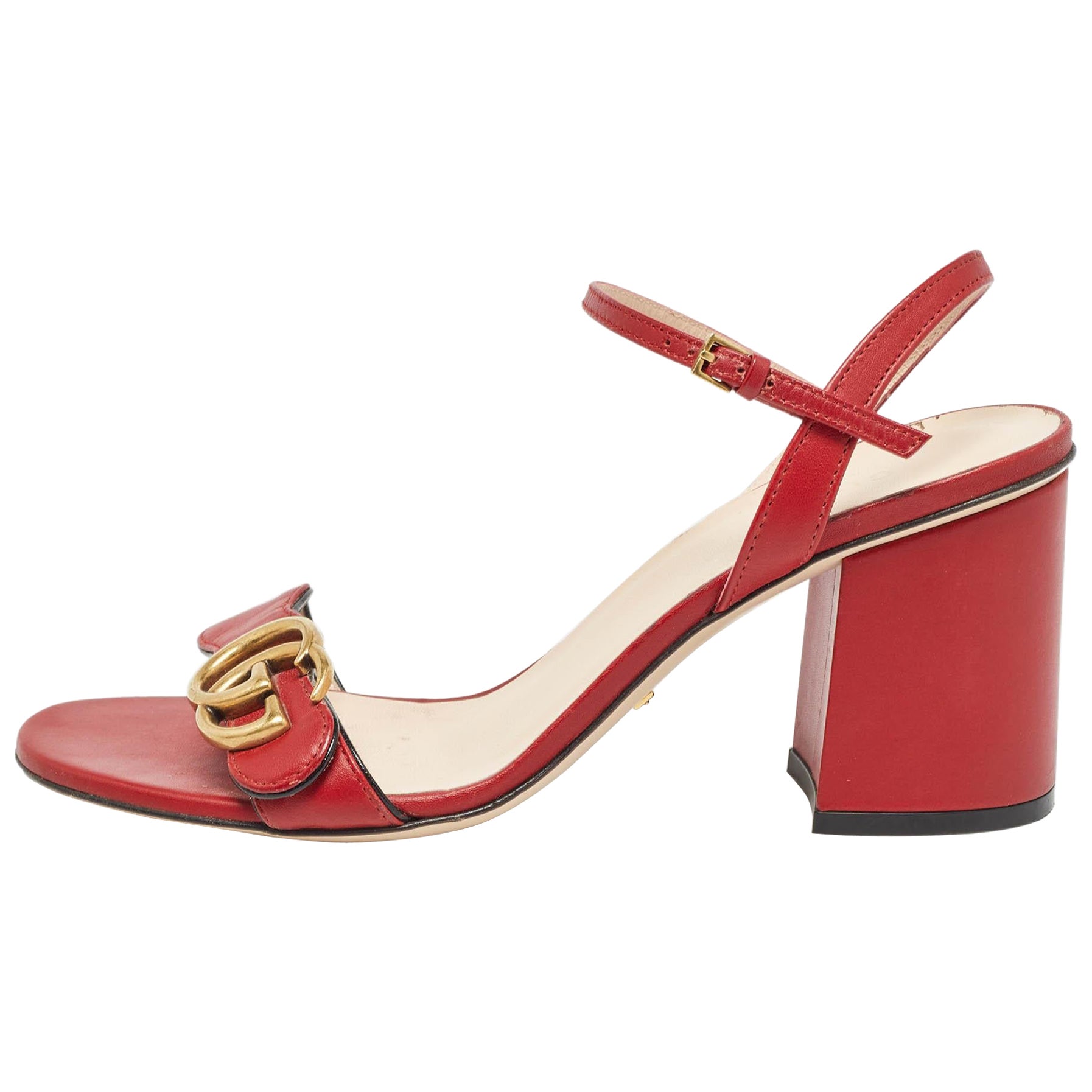 Gucci Red Leather GG Marmont Ankle Strap Sandals Size 37