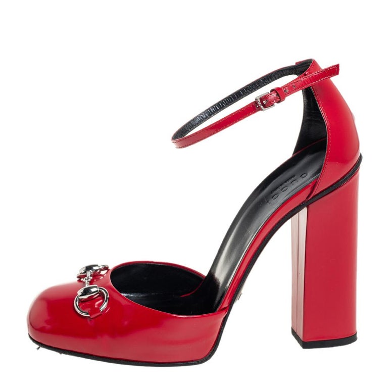 Gucci Red Leather Horsebit Block Heel Ankle Strap Sandals Size 38.5 at  1stDibs
