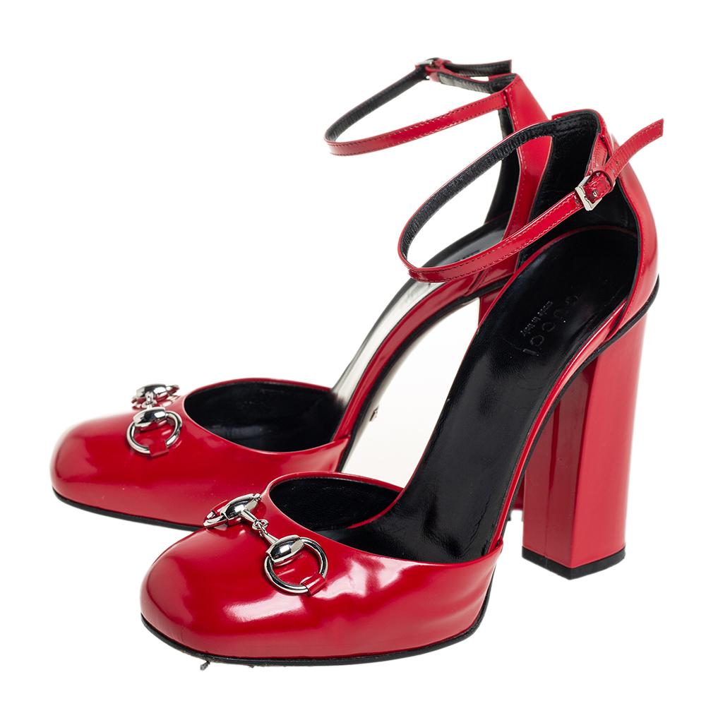 Women's Gucci Red Leather Horsebit Block Heel Ankle Strap Sandals Size 38.5