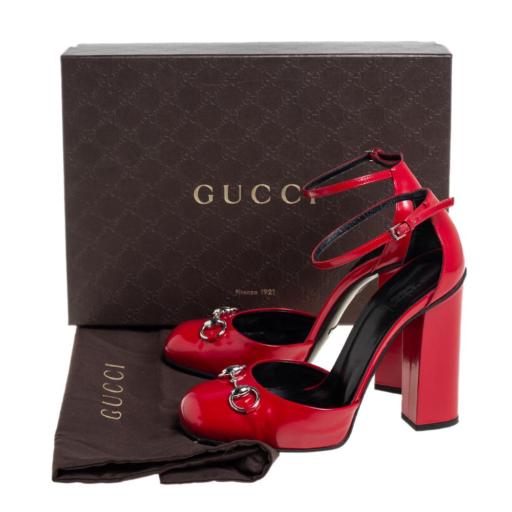 Gucci Red Leather Horsebit Block Heel Ankle Strap Sandals Size 38.5 1