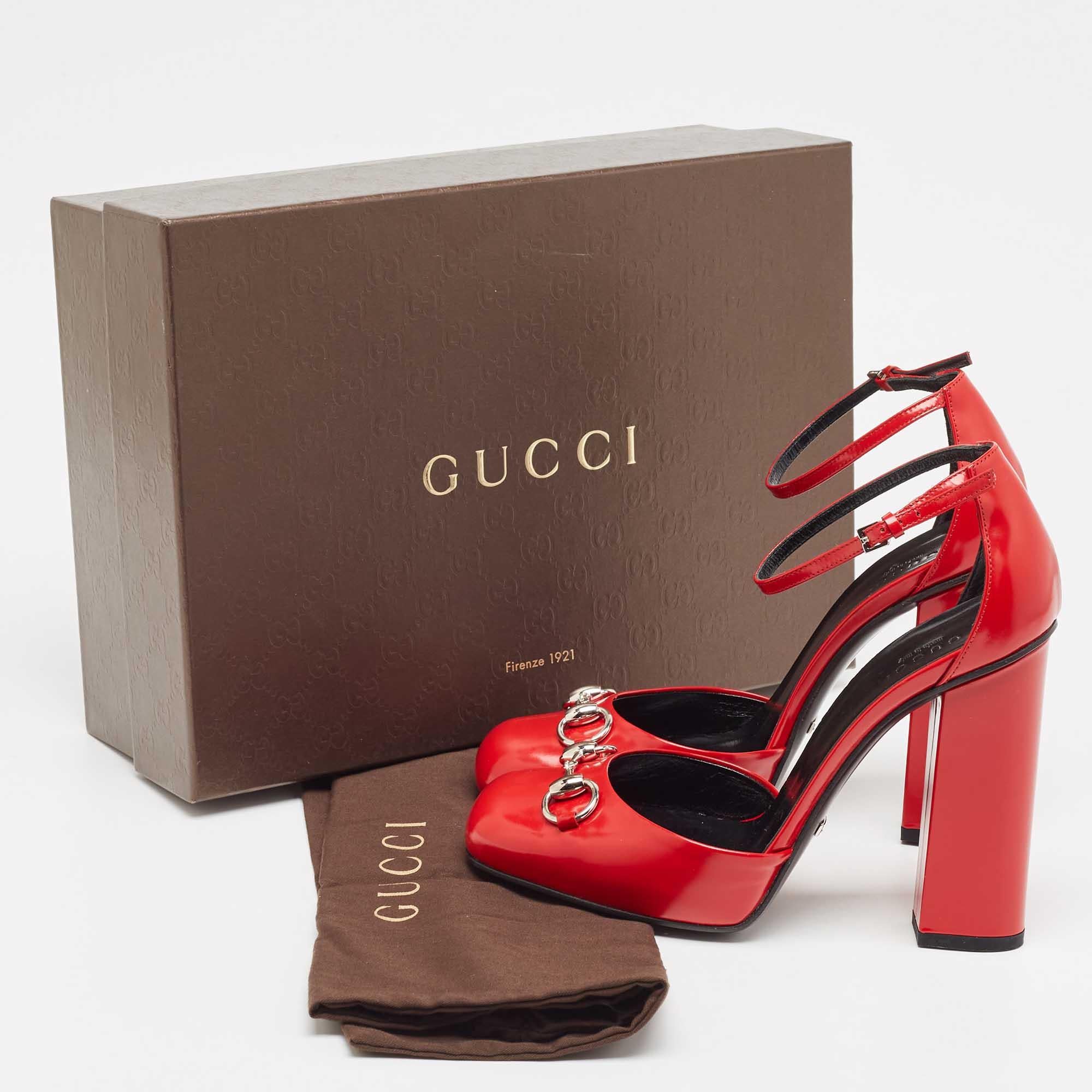 Gucci Red Leather Horsebit Block Heel Ankle Strap Sandals Size 38.5 For Sale 5
