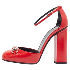 Used Gucci Red Leather Horsebit Block Heel Ankle Strap Sandals Size 38.5