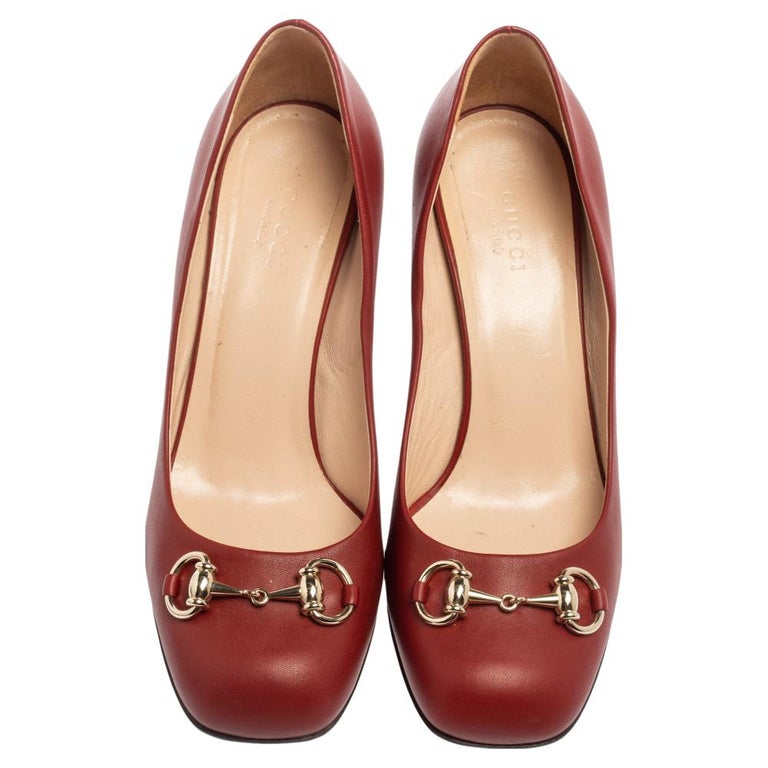 Gucci Red Leather Horsebit Square Toe Block Heel Pumps Size 38 For Sale ...