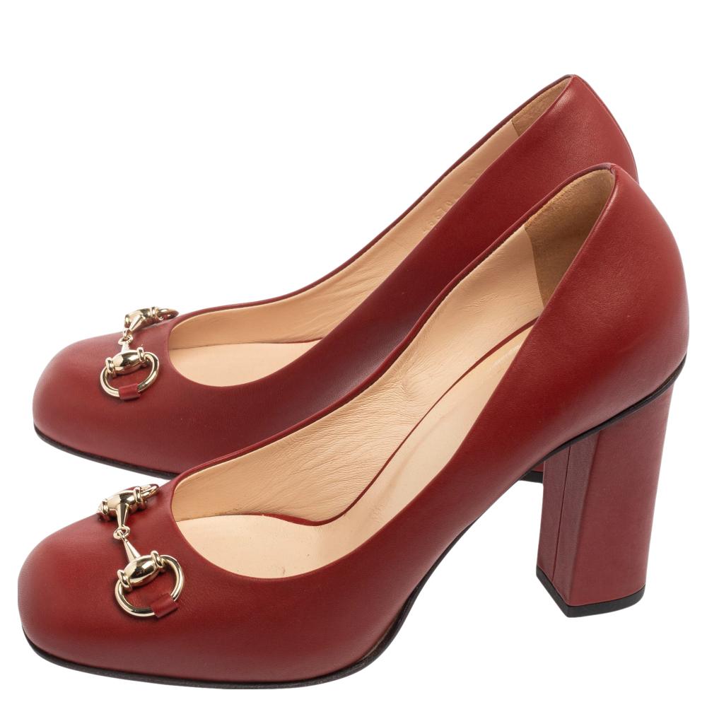 Brown Gucci Red Leather Horsebit Square Toe Block Heel Pumps Size 38