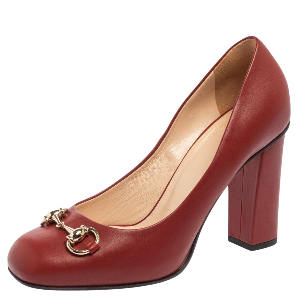 Women's Gucci Red Leather Horsebit Square Toe Block Heel Pumps Size 38