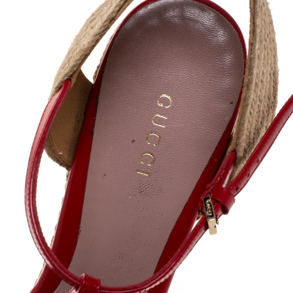 Brown Gucci Red Leather Horsebit T-Strap Espadrille Wedge Sandals Size 40