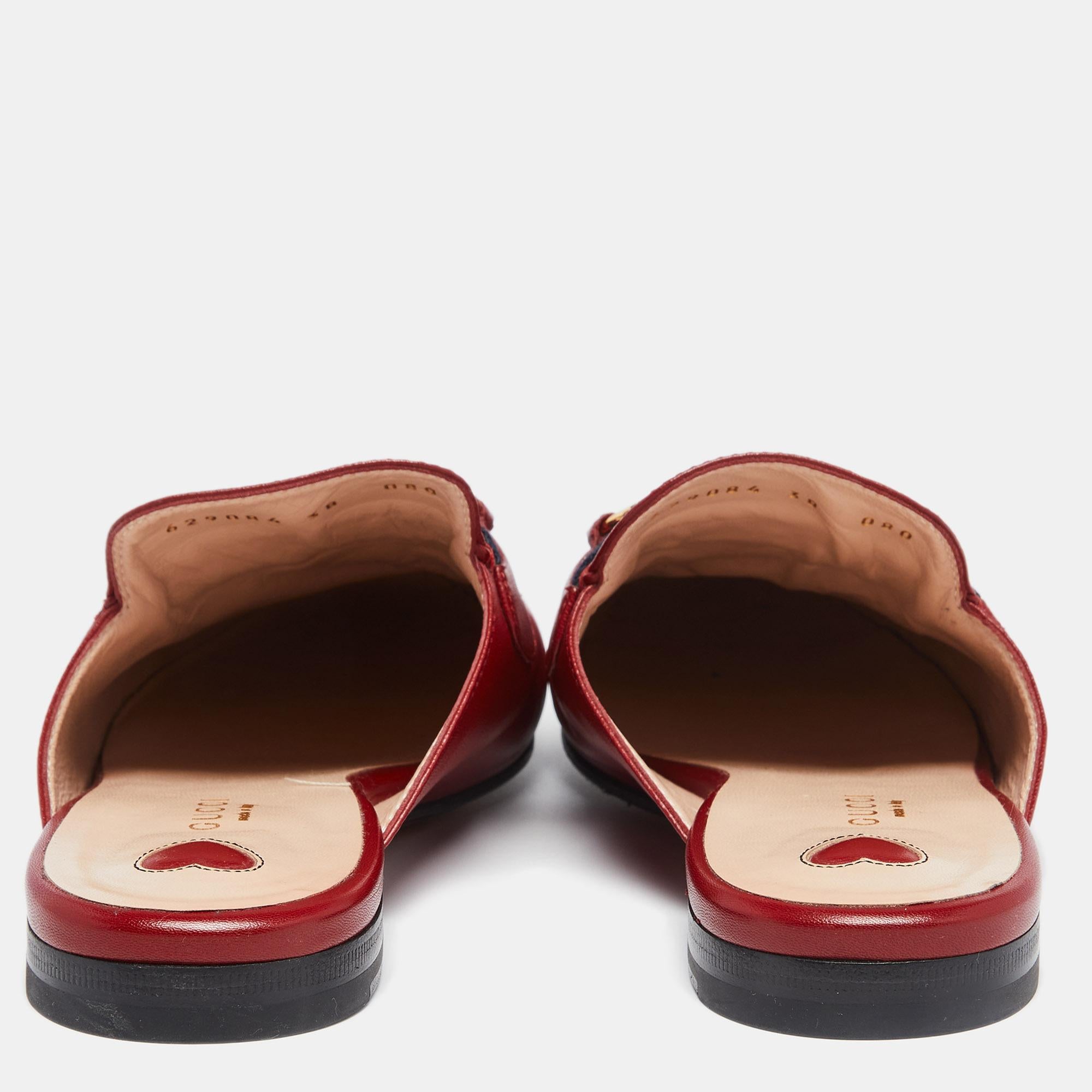 Brown Gucci Red Leather Horsebit Web Princetown Mules Size 38