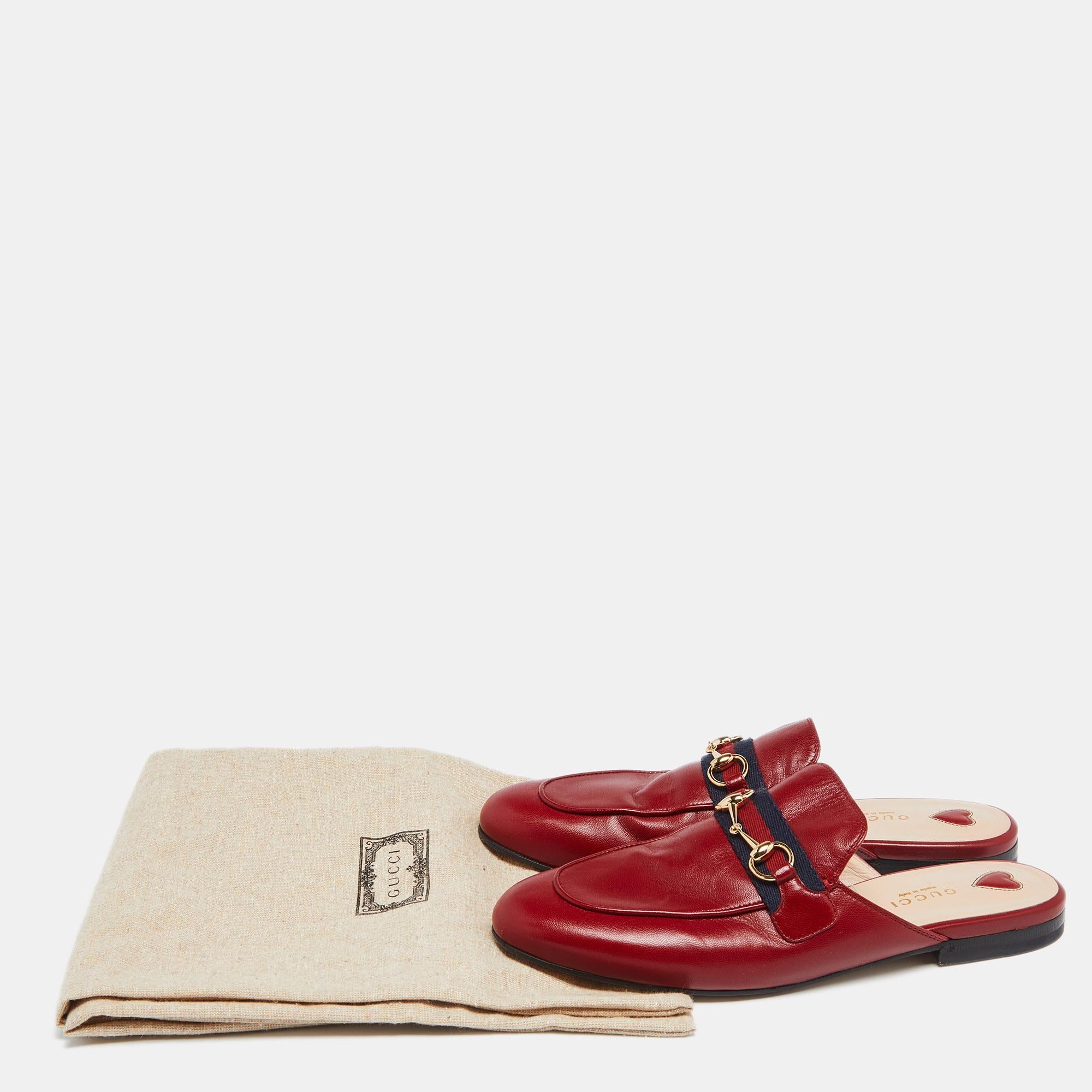 Gucci Red Leather Horsebit Web Princetown Mules Size 38 1
